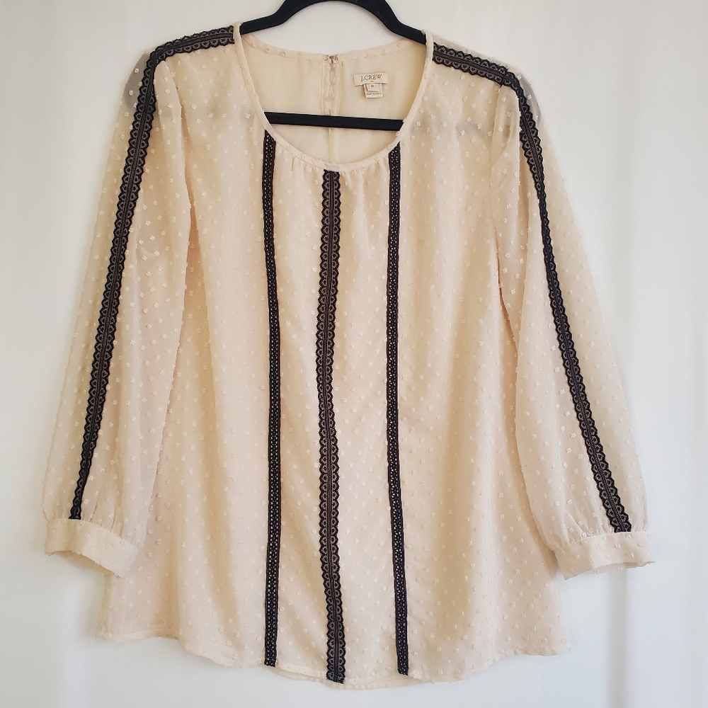 LOFT Cream Swiss Dot Blouse with Black Lace Trim